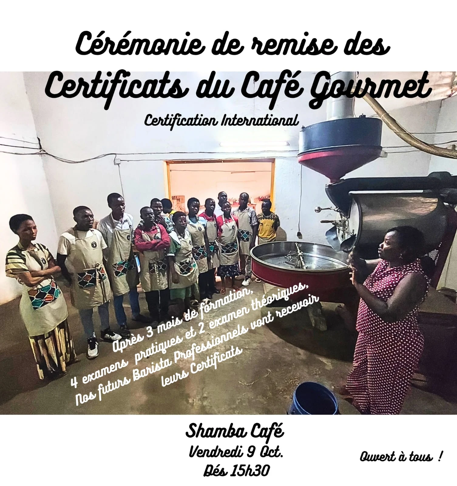 Original French invitation for the Kawasili certificate ceremony at Shamba Café on Friday, October 9, from 3:30 PM